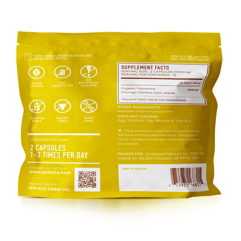 Go-Lacta capsule pouch: vegan, no additives, gluten-free, dairy-free, non-GMO